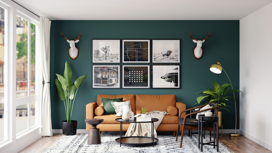 Living room with a freshly painted deep-green accent wall
